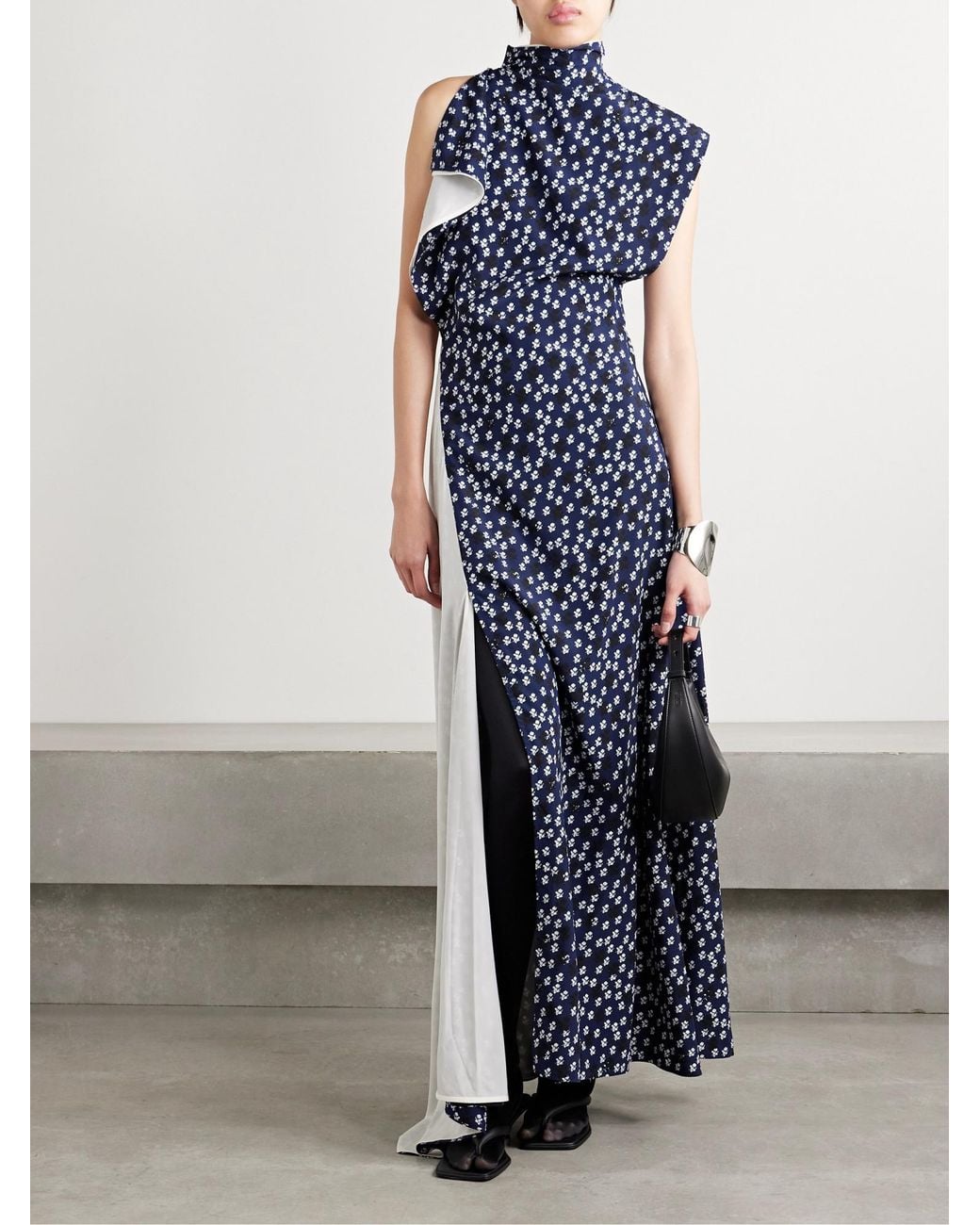 Proenza Schouler Blue Devyn Asymmetric Draped Floral-Print Poplin Maxi Dress