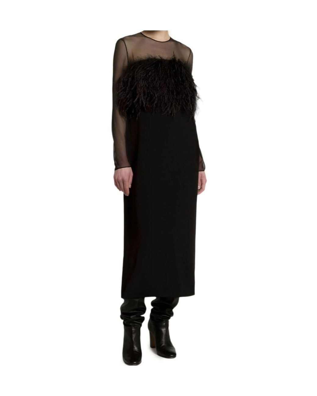 Alberta Ferretti Black Feather-Trim Sheer-Sleeve Dress