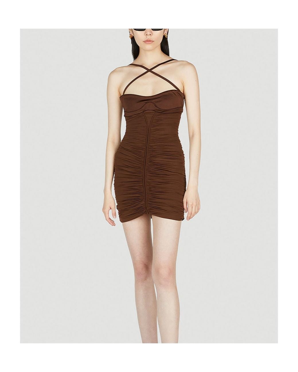 Mugler Brown ミュグレー カットアウト シャーリング パーティー ミニドレス