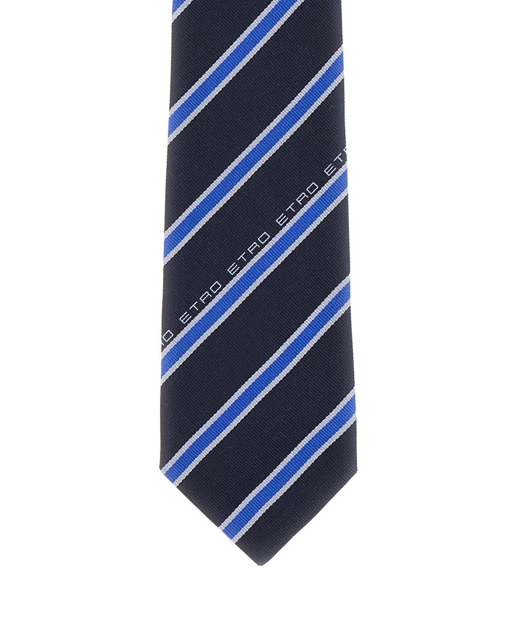 Etro Blue Logo-Printed Pointed Tip Striped Tie for men