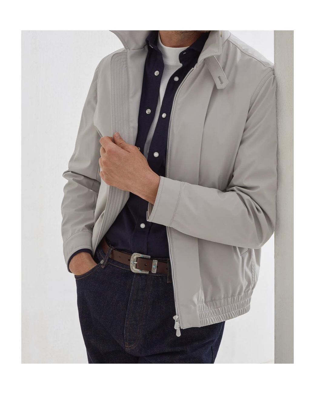 Brunello Cucinelli White High Neck Bomber Jacket for men