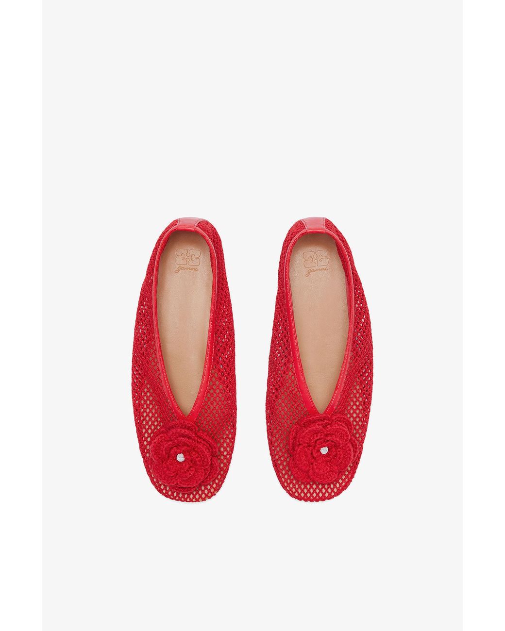 Ganni Red Jenny Mesh Flower Ballet Flats