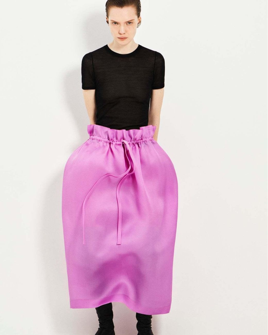 Khaite Pink Ember Paperbag-waist Silk Organza Midi Skirt