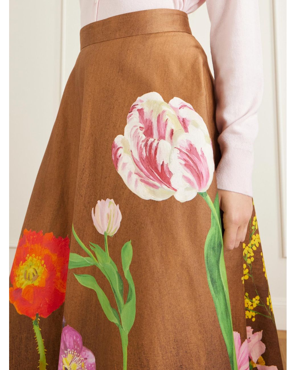 Oscar de la Renta Brown Floral-Print Cotton-Poplin High-Waist Midi Skirt