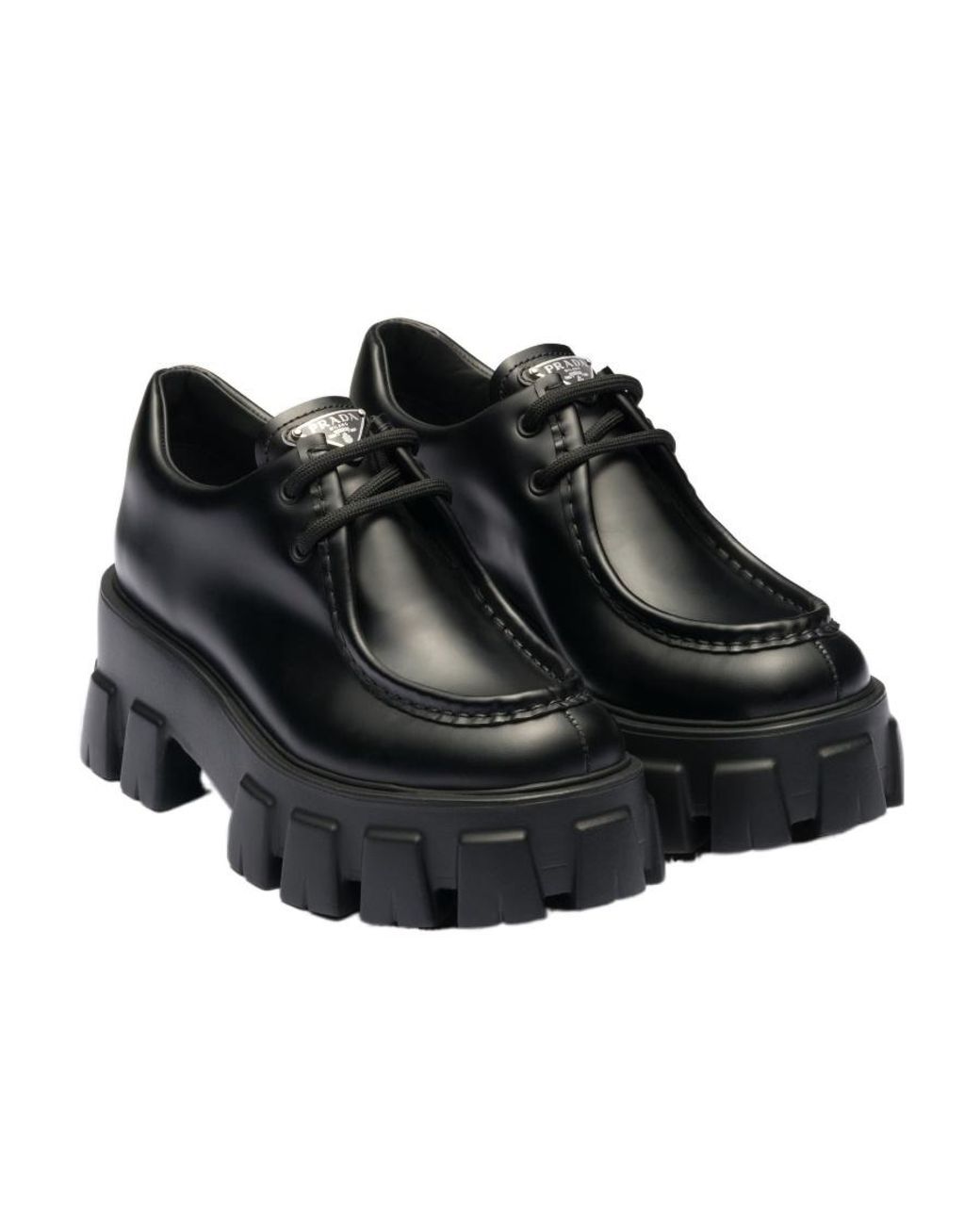 Prada Monolith Brushed Leather Lace-Up Shoes in Black | Lyst