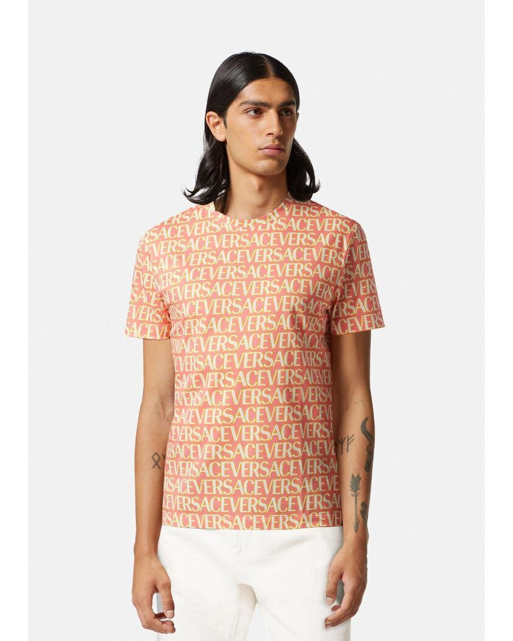 Versace Pink Allover Logo-Printed Crewneck T-Shirt for men
