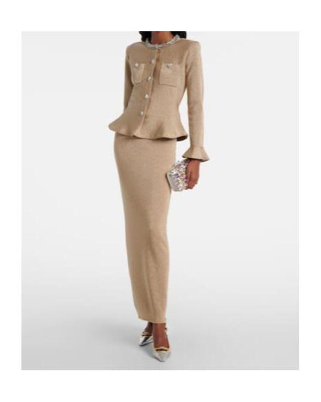 Self-Portrait Natural Crystal-Embellished Peplum Lamé Maxi Dress