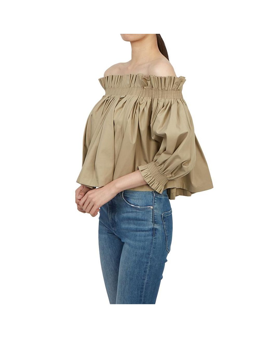 Dior Natural Christian Gathered Puff-Sleeved Cropped Blouse