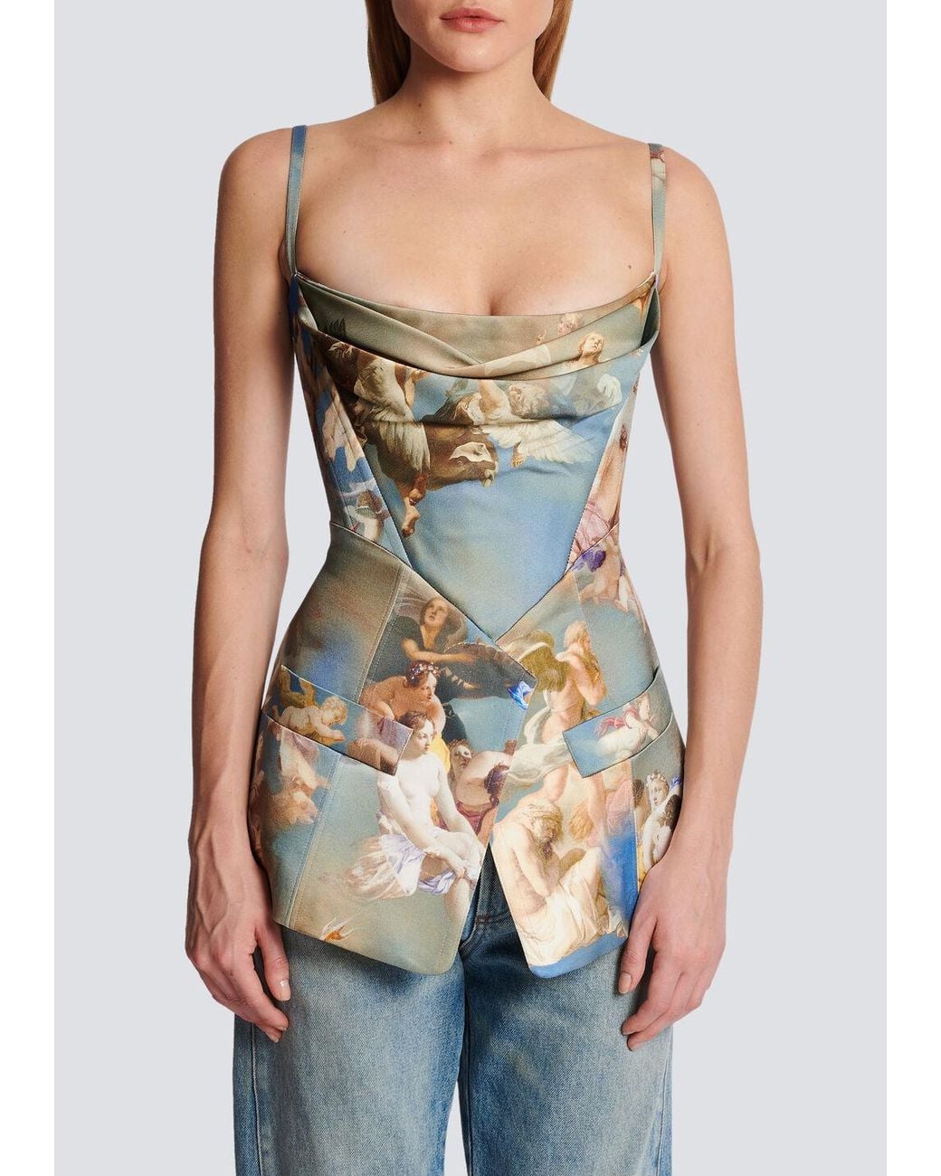Balmain Blue Sky Printed Satin Corset Top