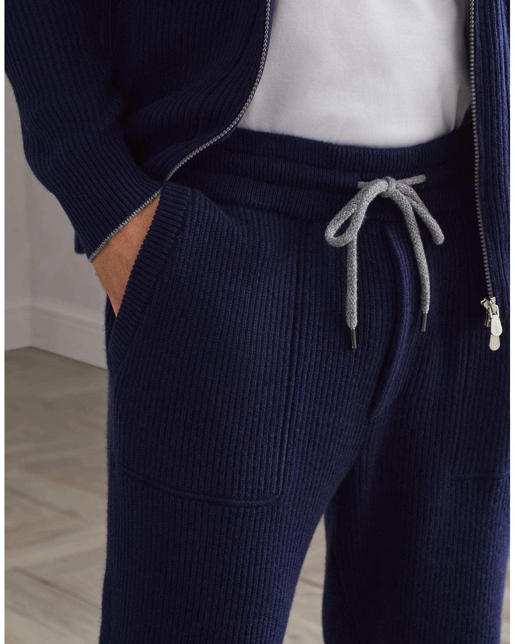 Brunello Cucinelli Blue Ribbed Knit Drawstring Joggers for men