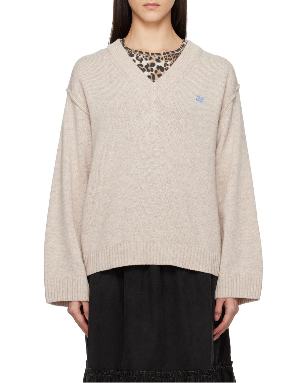 Ganni Natural Logo-Embroidered V-Neck Jumper