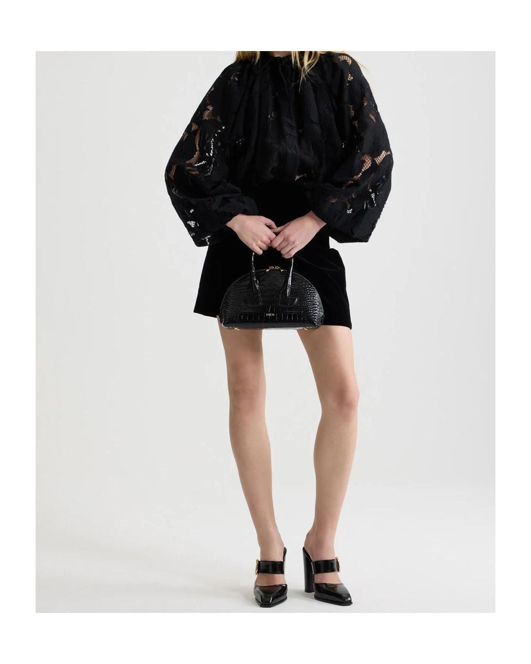 Patou Black Lace Detailed Collared Top