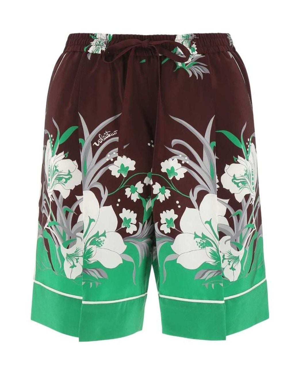 Valentino Green Floral-Print Silk Shorts