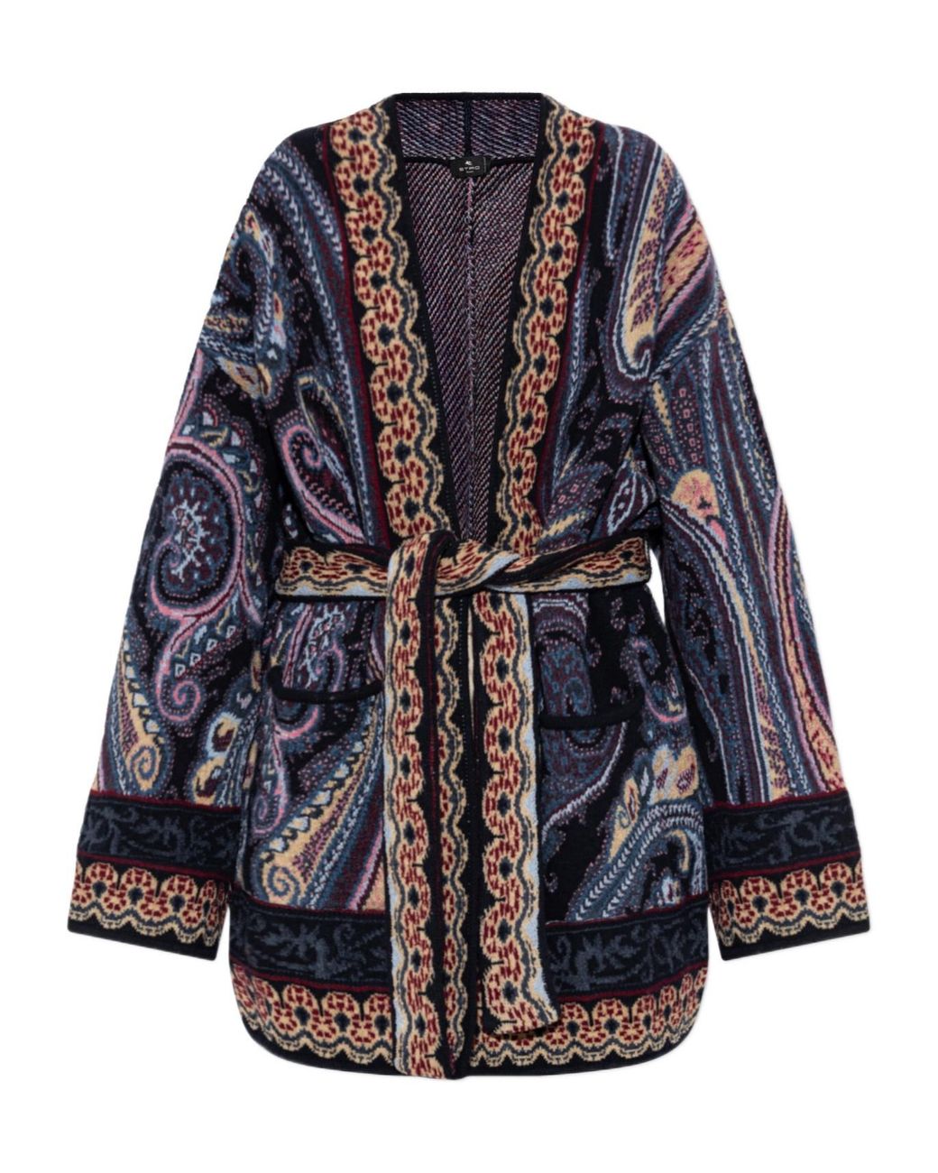 Etro Blue Belted Pattern Knit Cardigan