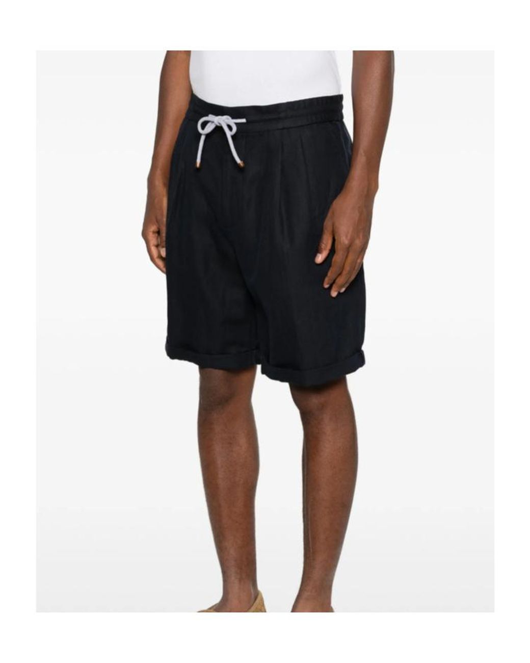 Brunello Cucinelli Black Drawstring Pleated Shorts for men
