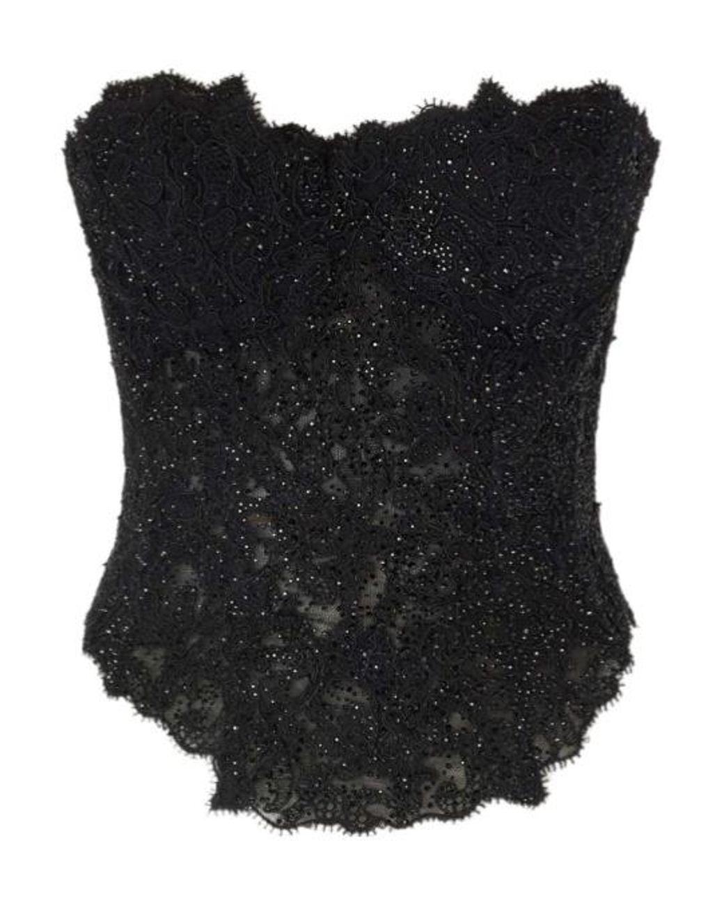 Ermanno Scervino Black Rebrode Lace Bustier With Tone-On-Tone Crystals And V-Shaped Hem