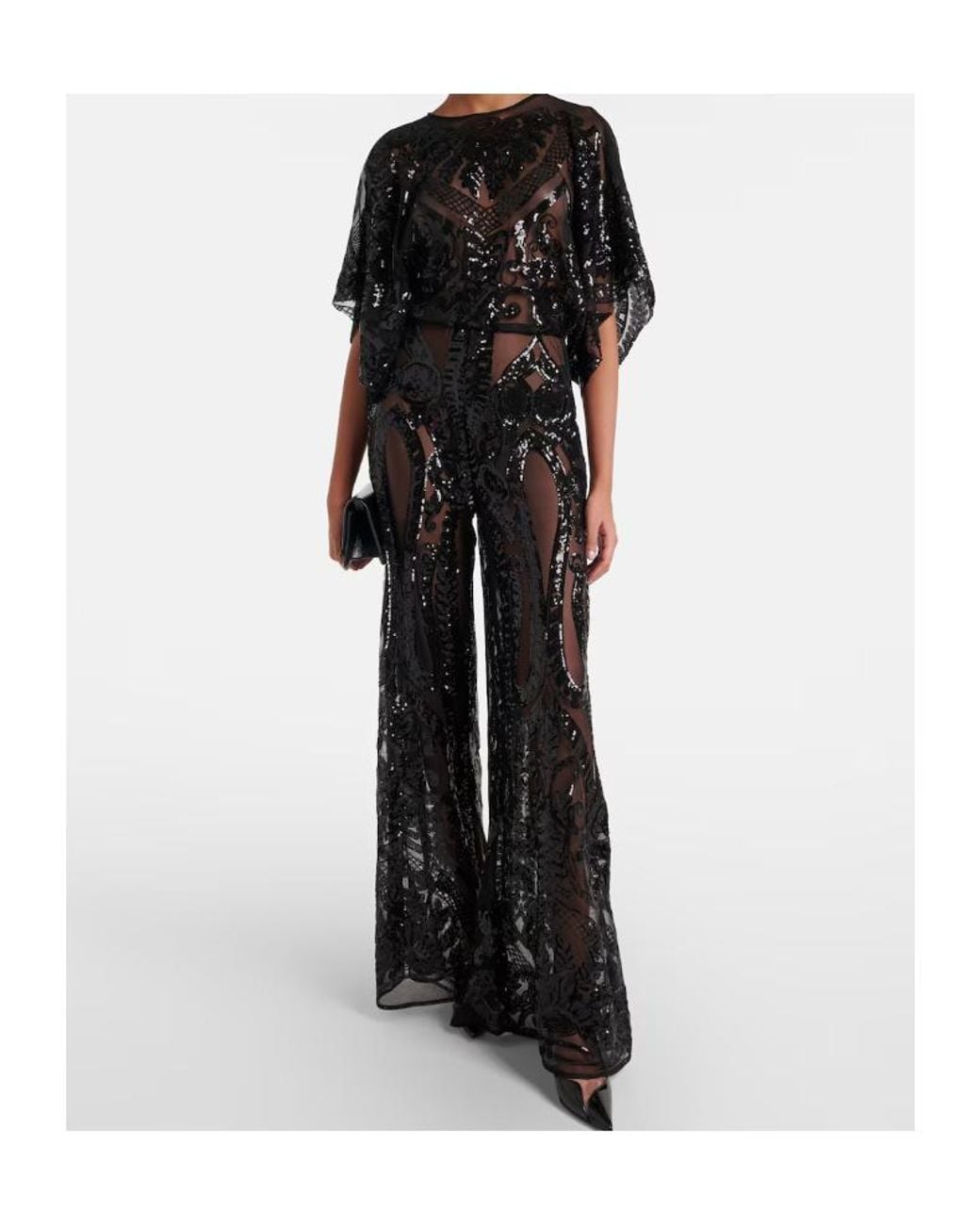 Norma Kamali Black Obie Sequined Semi-Sheer Mesh Jumpsuit