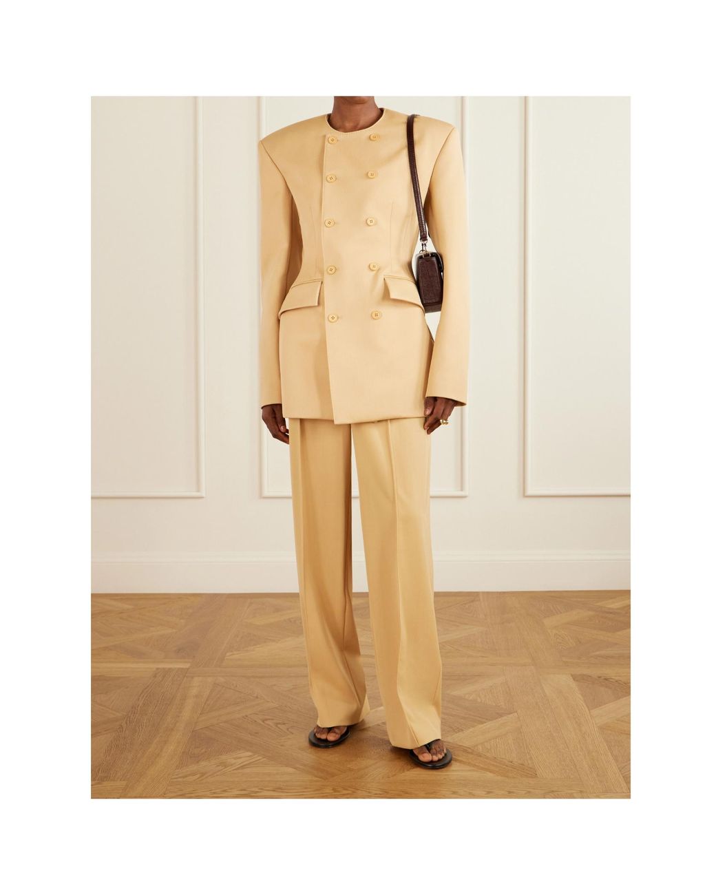 Wardrobe NYC Natural Double-Breasted Long-Sleeved Suit Jacket