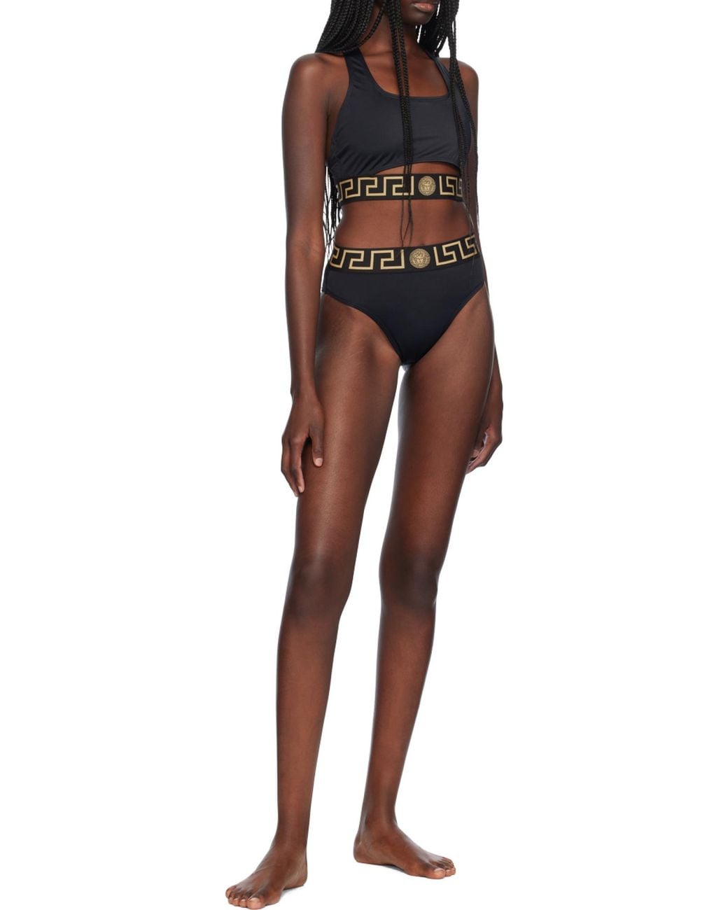 Versace Black Greca Border Cut-Out Detailed Bikini Top