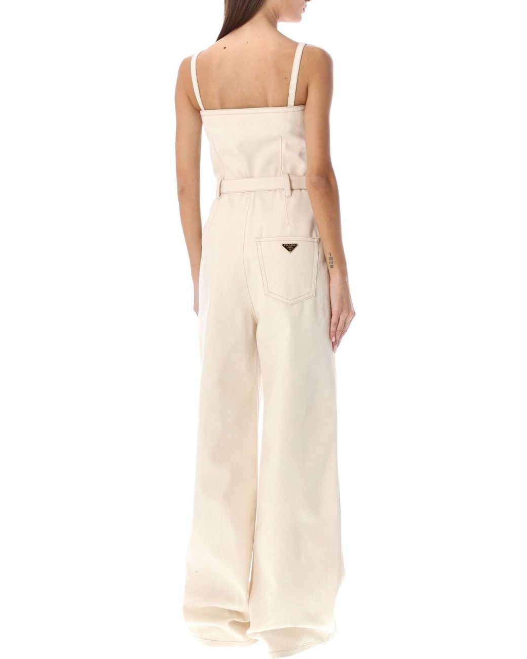 Prada White Belted-Waist Sleeveless Tailored Jumpsuit
