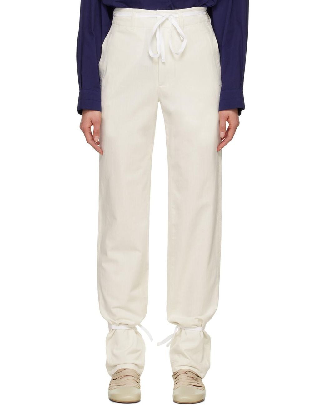 Lemaire White Chambray Drawstring Tapered Trousers