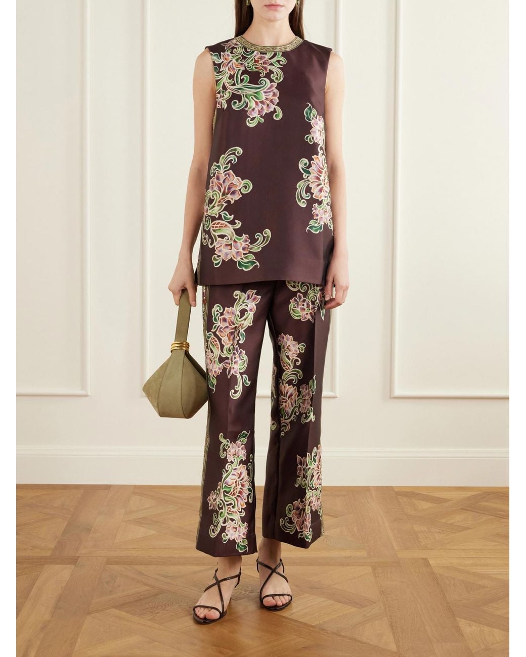 ALÉMAIS Brown Cropped Floral-Print Twill Flared Pants