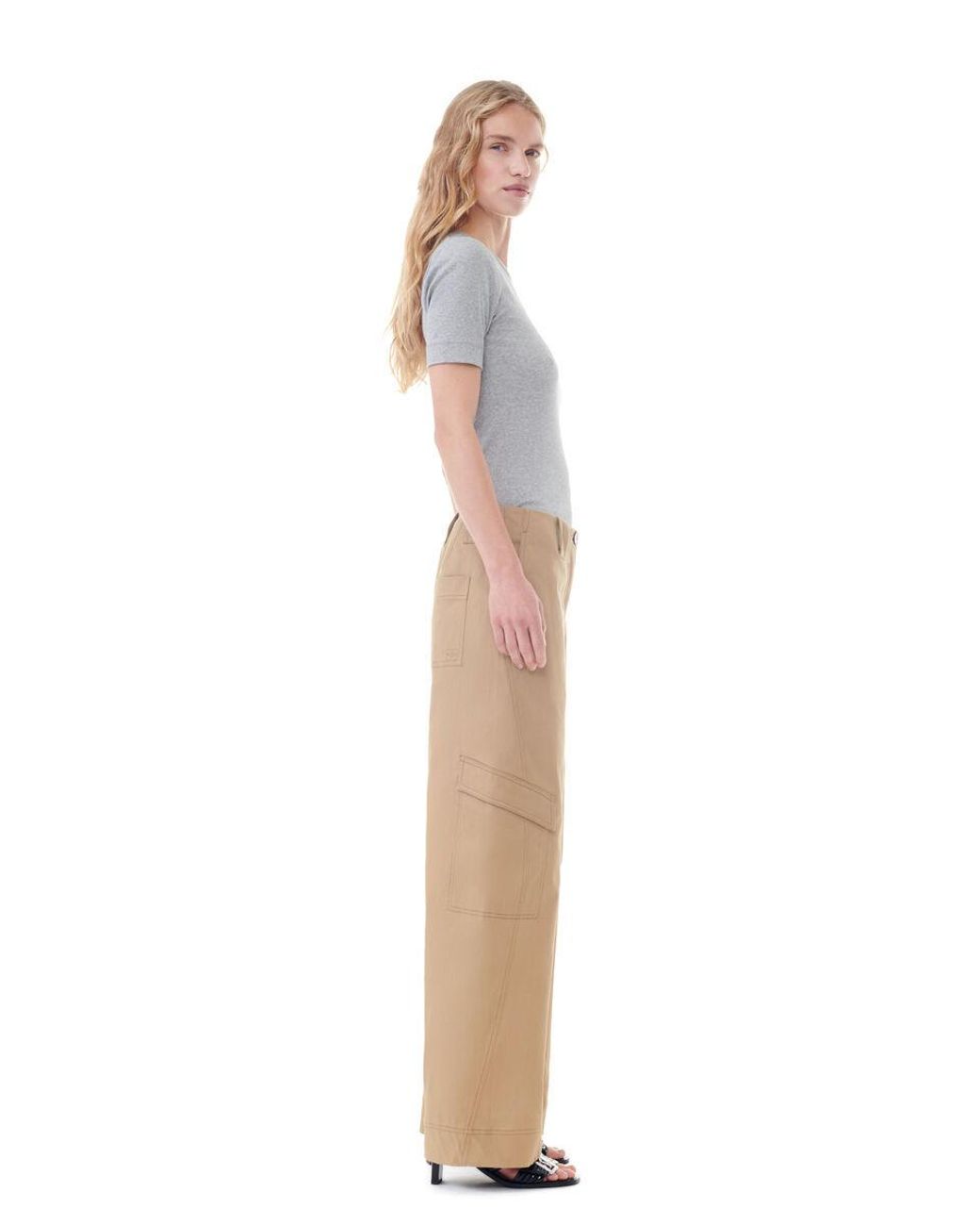 Ganni Natural Herringbone Mid-Rise Pants