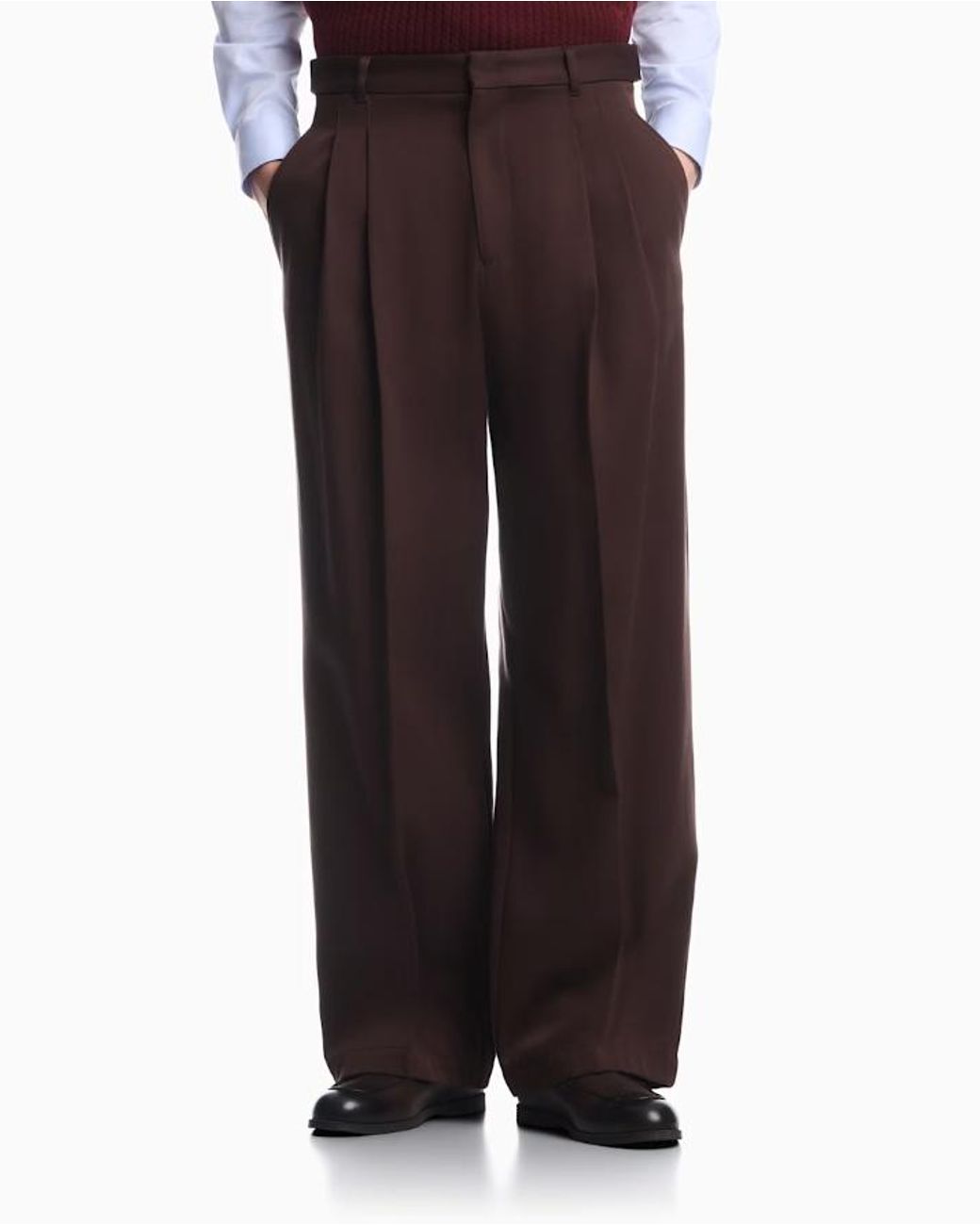 Emporio Armani Brown Pleated Cotton Trousers With A High Waist And Straight Leg for men