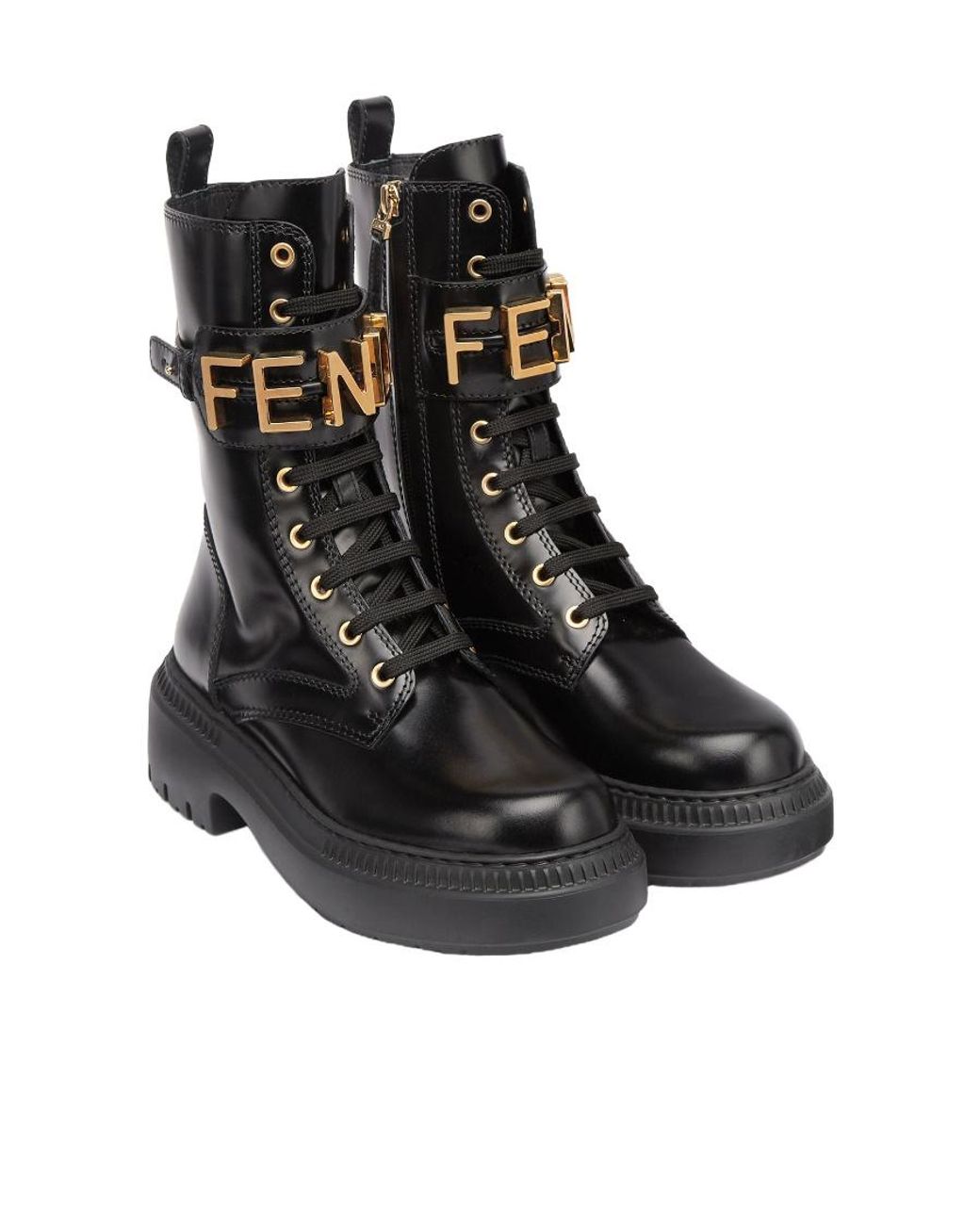 Fendi Logo Plaque Lace-Up Biker Boots in Black | Lyst