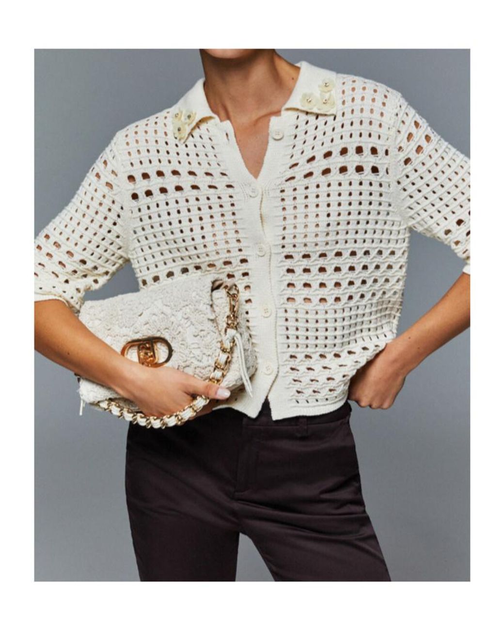Liu Jo Natural Embellished Openwork Knitted Top