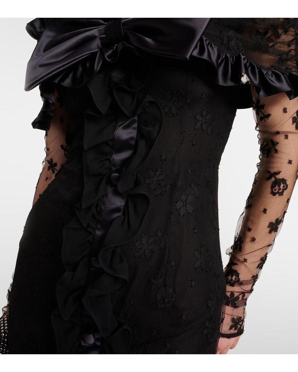 Alessandra Rich Black Bow-Decorated Ruffled Off-Shoulder Lace Dress