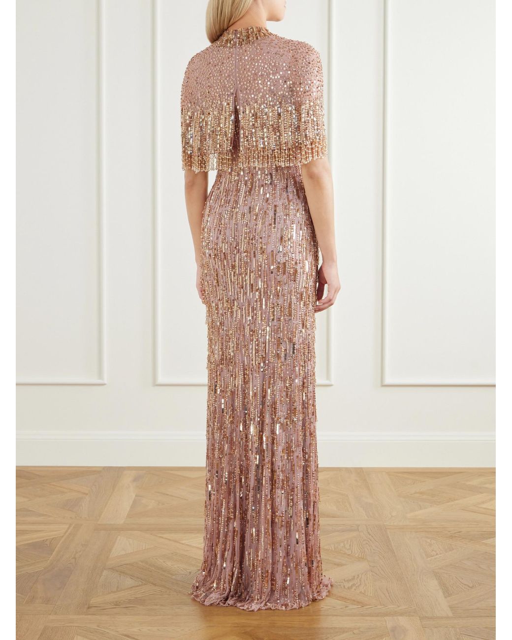 Jenny Packham Multicolor Cape-Detailed Sequin-Embellished Gown