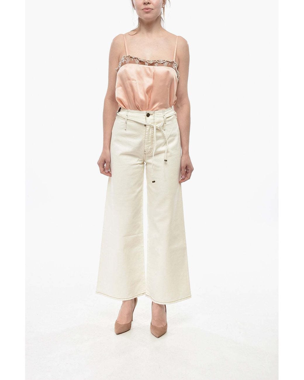 Etro Natural Wide-Leg Trousers With Topstitching