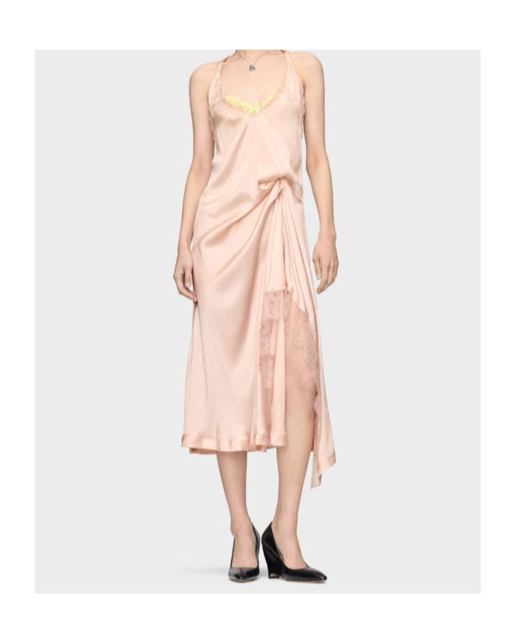 Maison Margiela Pink Lace Trim Silk Satin Midi Dress
