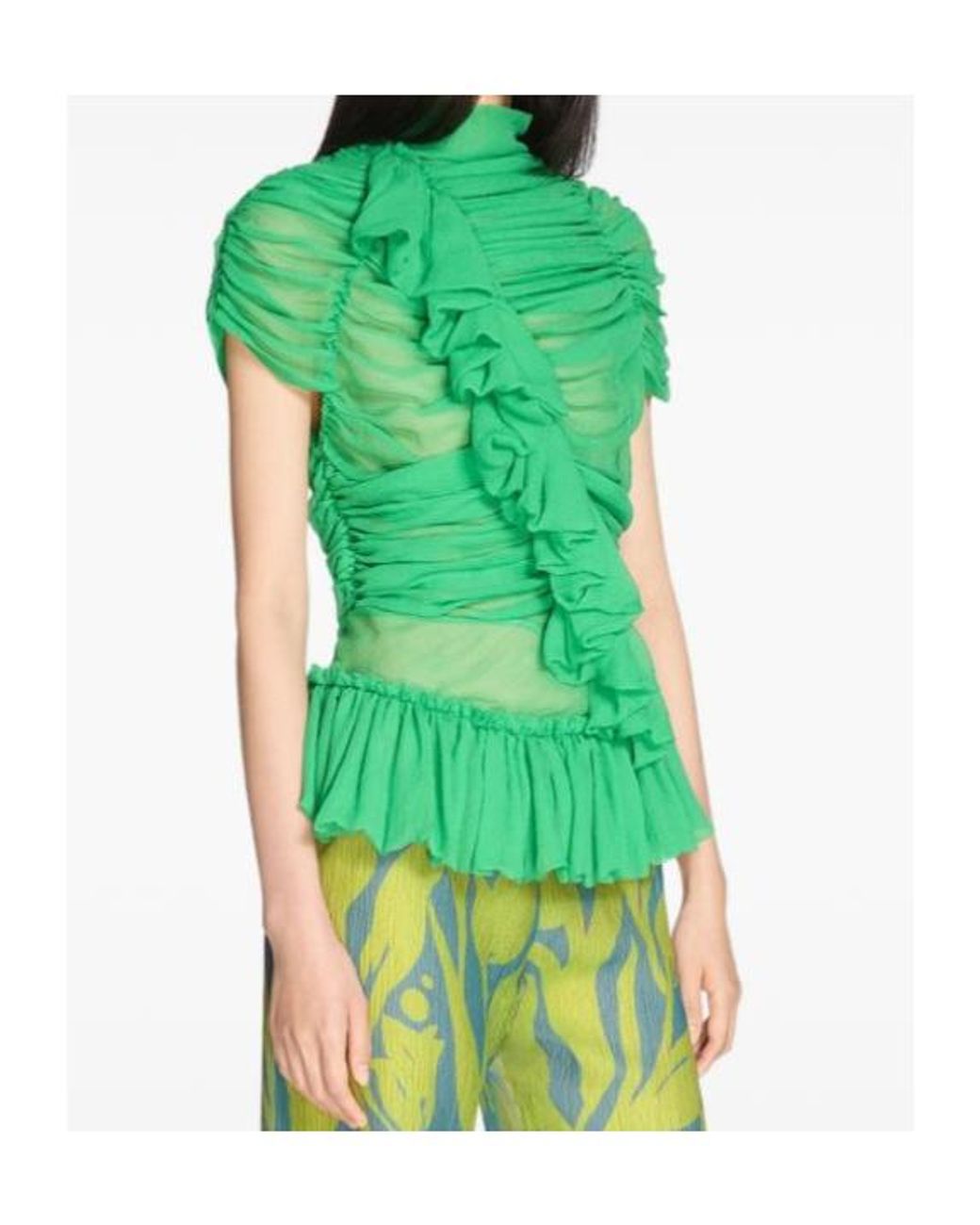 Dries Van Noten Green Ruffled Silk Top