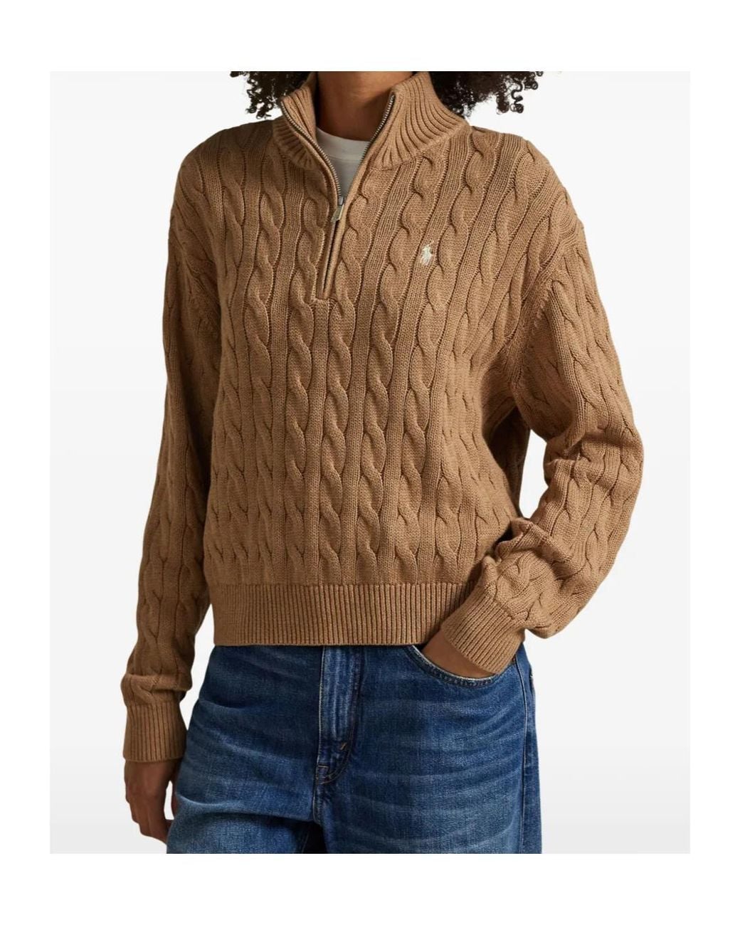 Polo Ralph Lauren Brown Cable-Knit Zip Sweater