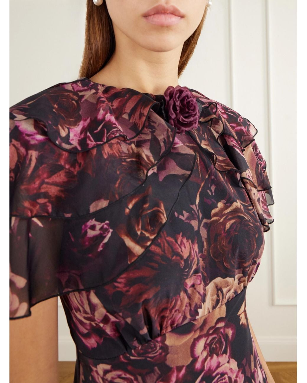Rodarte Red Ruffled Cape-Effect Floral-Print Silk-Chiffon Maxi Dress