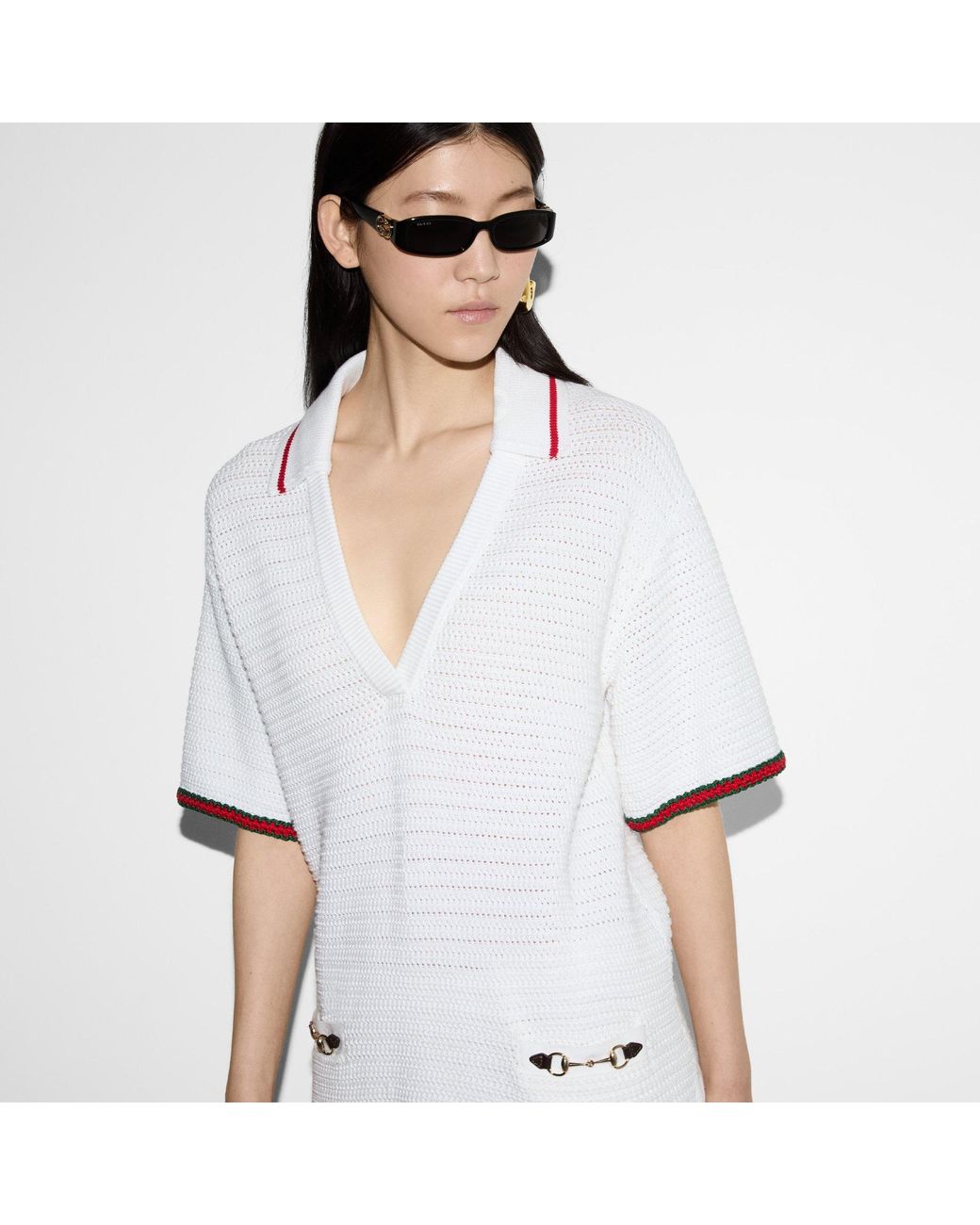 Gucci White Web-Stripe Trim Crochet Top