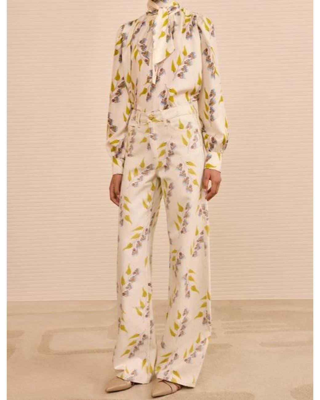 Ulla Johnson Natural Floral Mid-Rise Wide-Leg Jeans