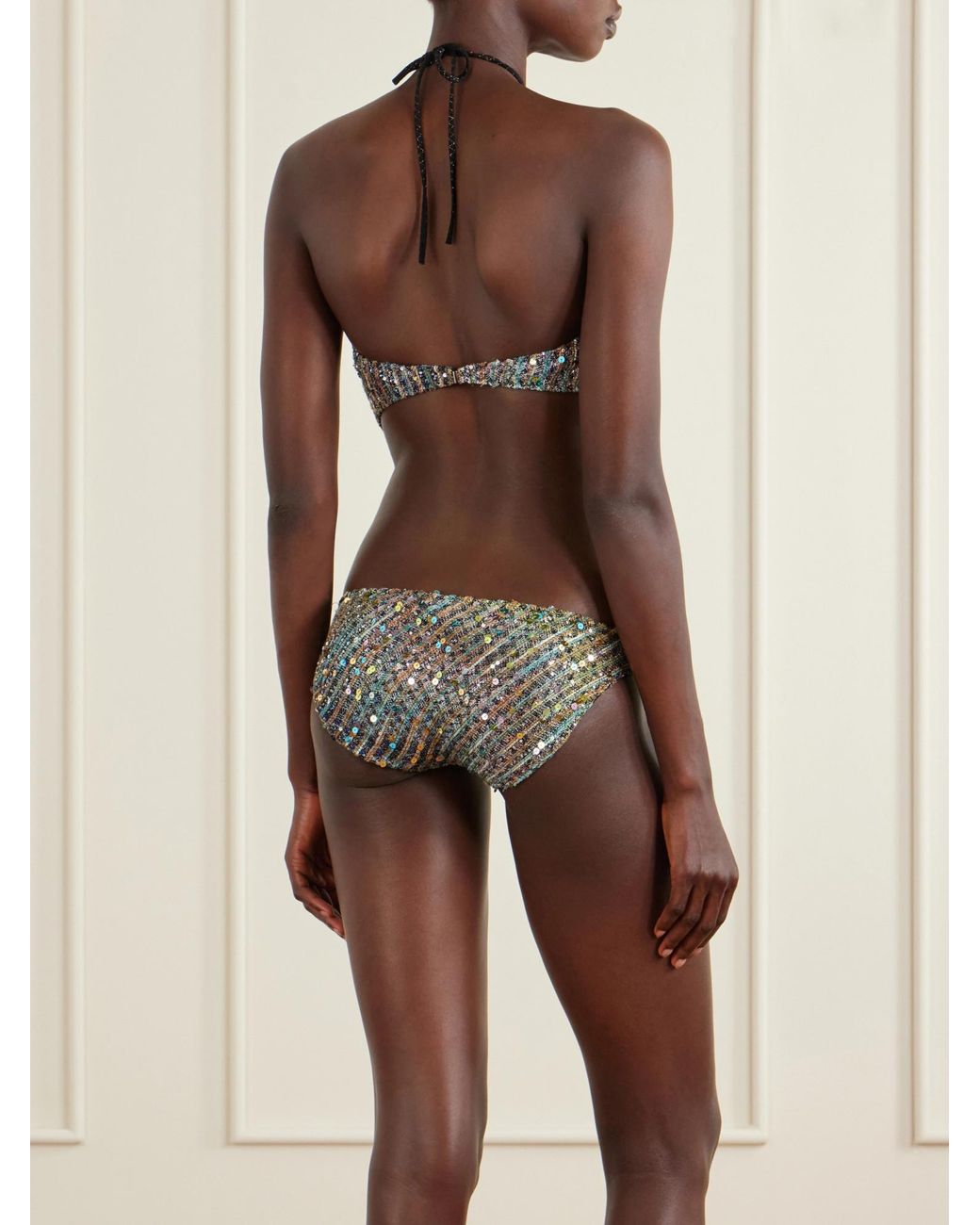 Missoni Gray Cut-Out Sequin-Embellished Striped Metallic Halterneck Swimsuit