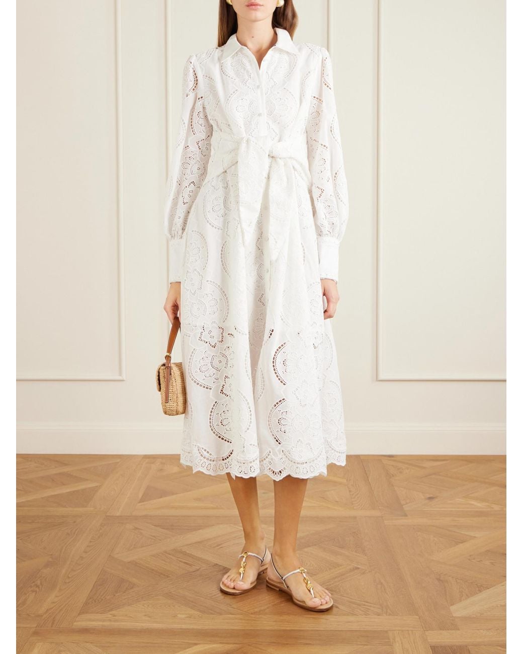 Camilla White Tie-Detailed Broderie Anglaise Cotton Midi Shirt Dress