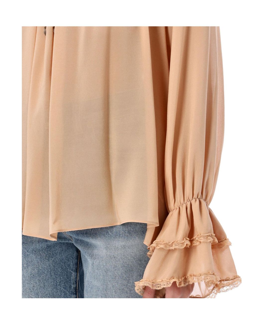 Chloé Natural Chloé Gathered V-Neck Drawstring Top