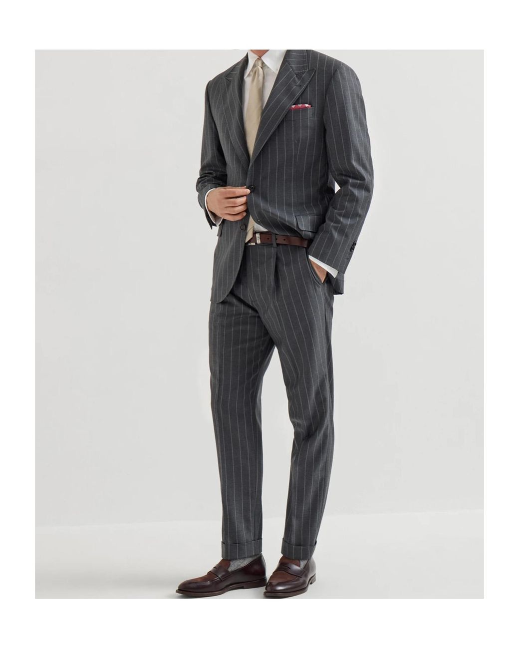 Brunello Cucinelli Gray Super 150S Virgin Wool Wide Chalk Stripe Batavia Trousers With Pleat for men