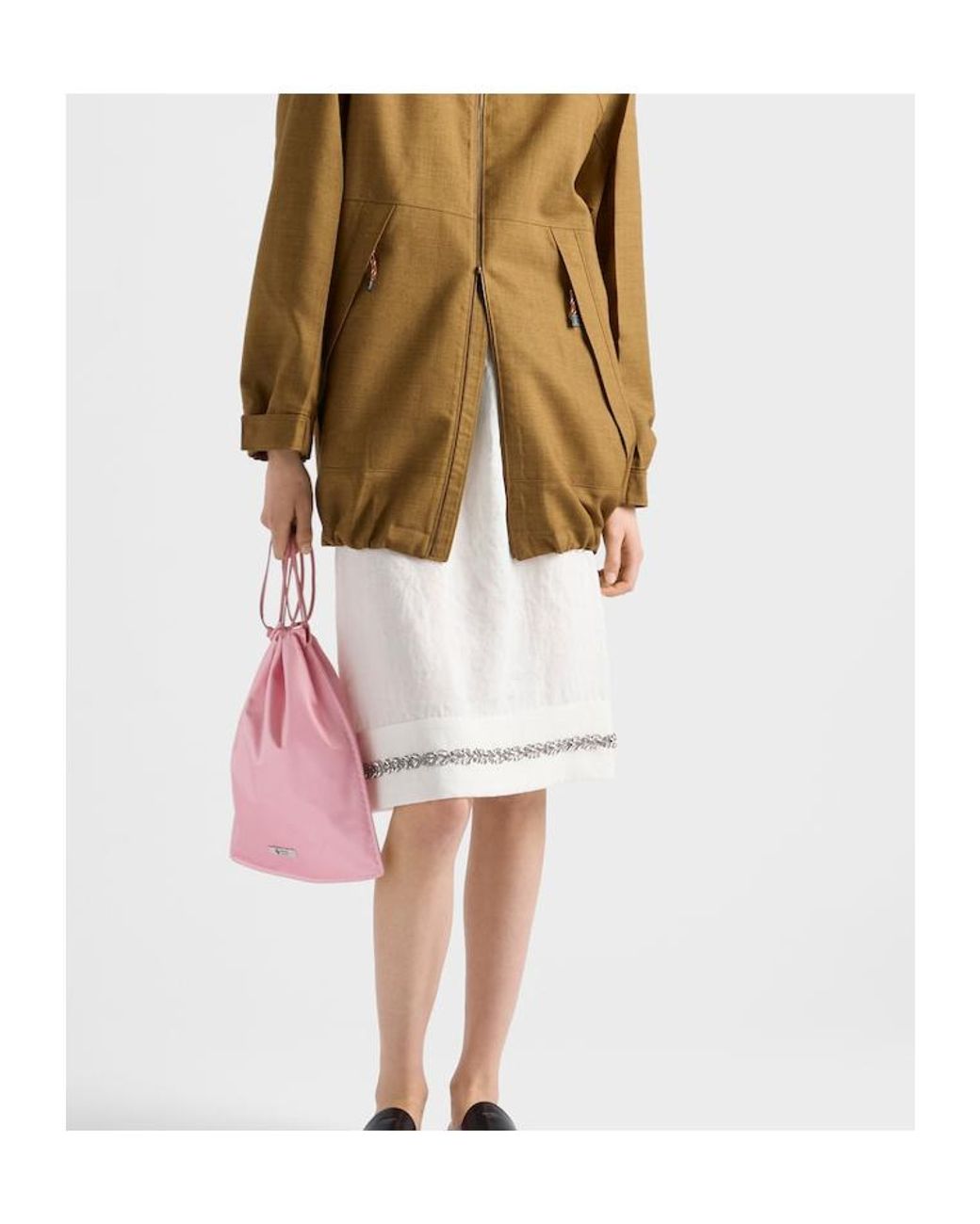 Prada White Embroidered Slubbed Fabric Skirt