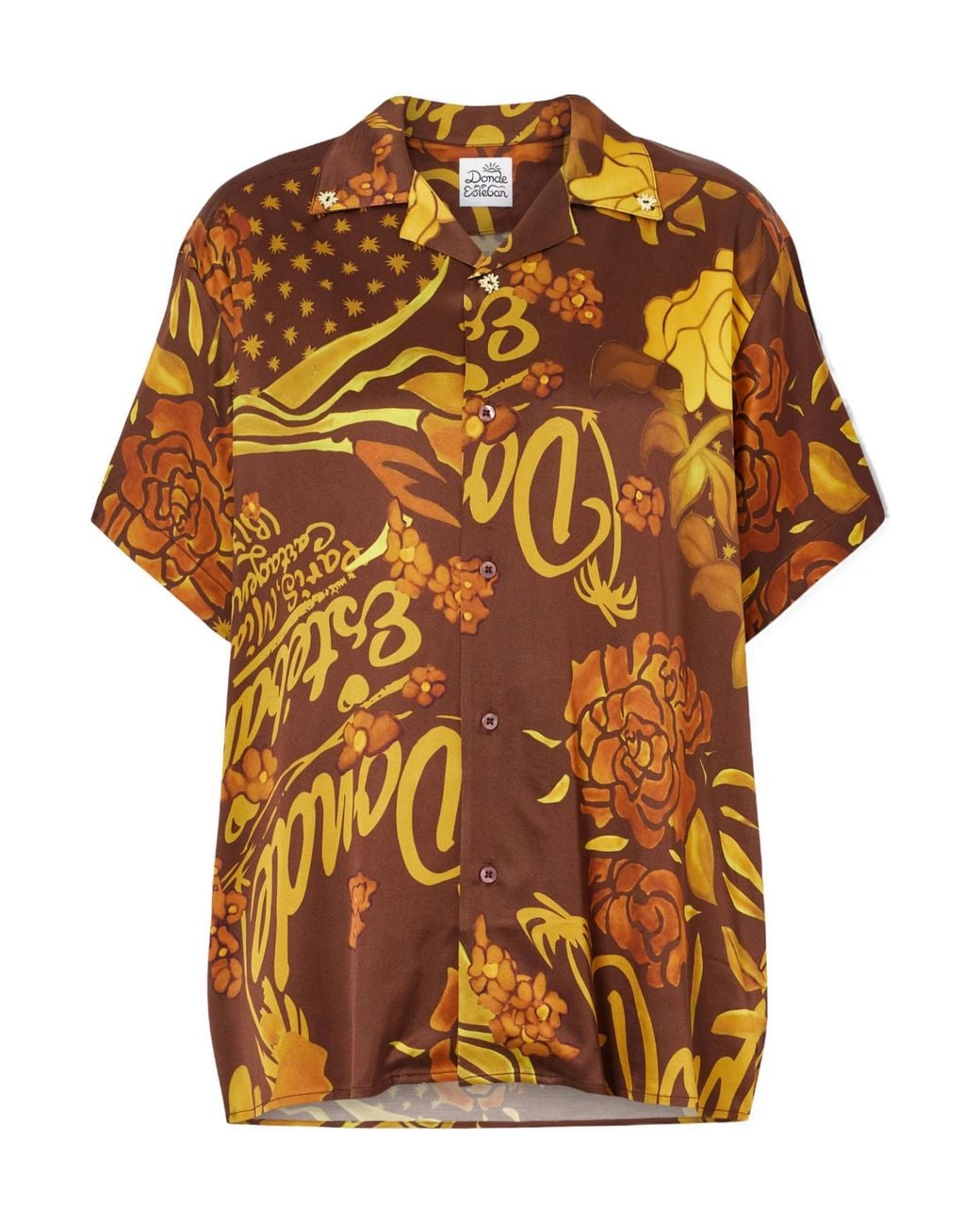 Donde Esteban Orange Printed Stretch-Satin Shirt