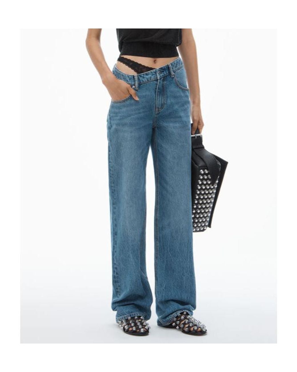 Alexander Wang Blue Asymmetrical Lace-Detailed Jeans