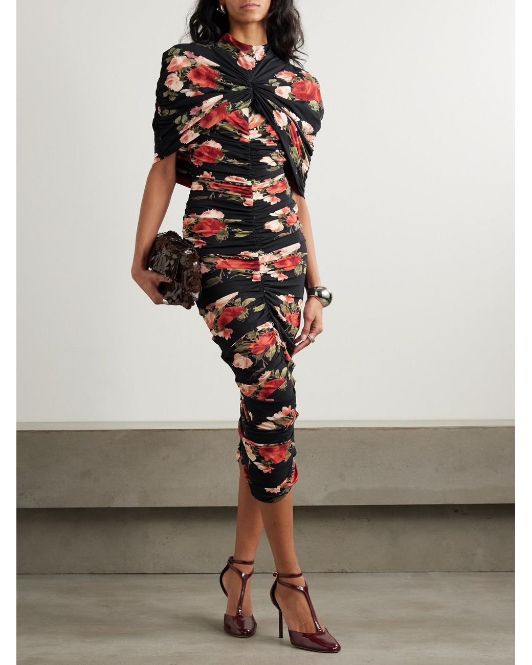 Magda Butrym Black Ruched Layered Floral-Print Jersey Maxi Dress