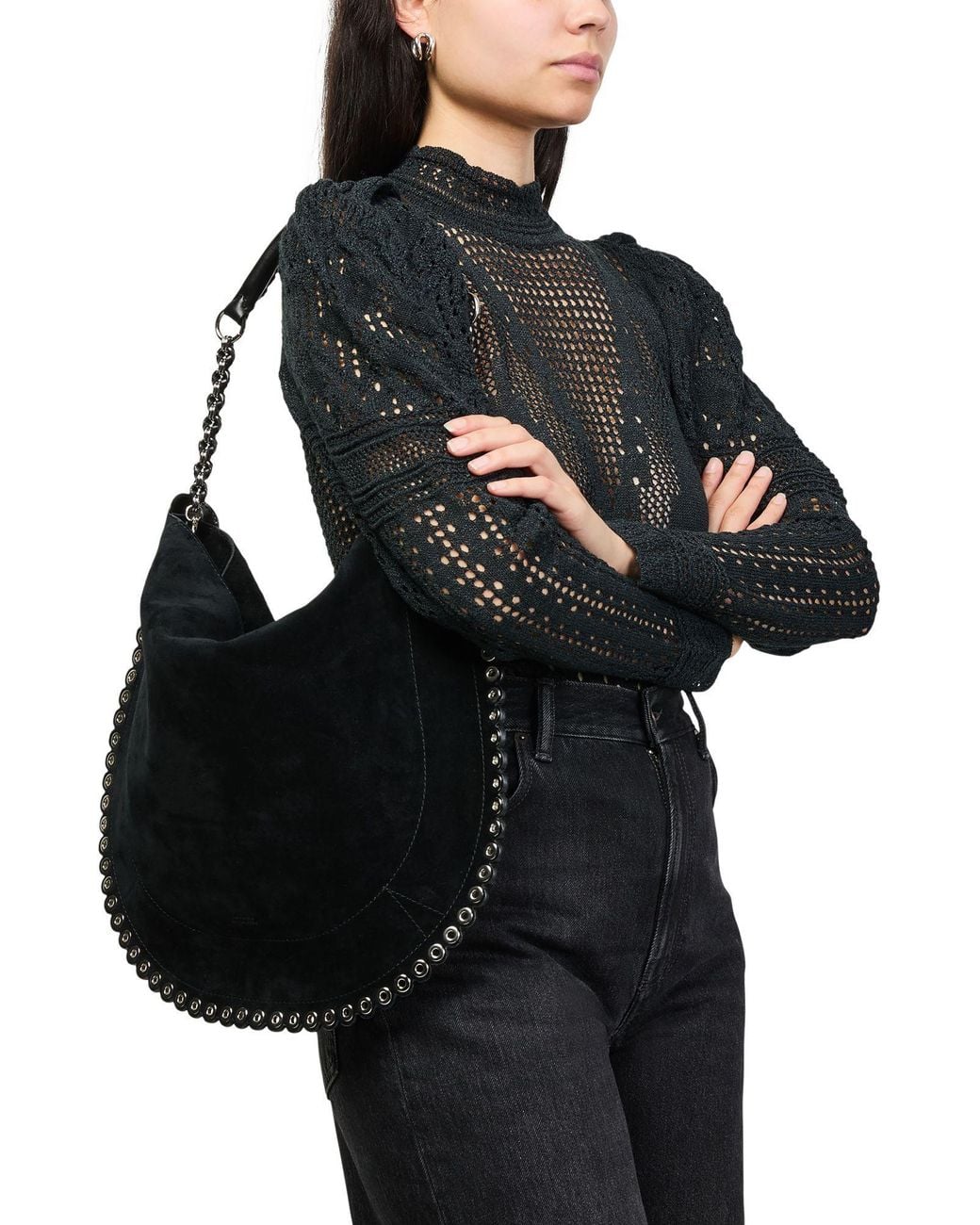 Isabel Marant Black Oskan Hobo Soft Shoulder Bag With Perforated Studs
