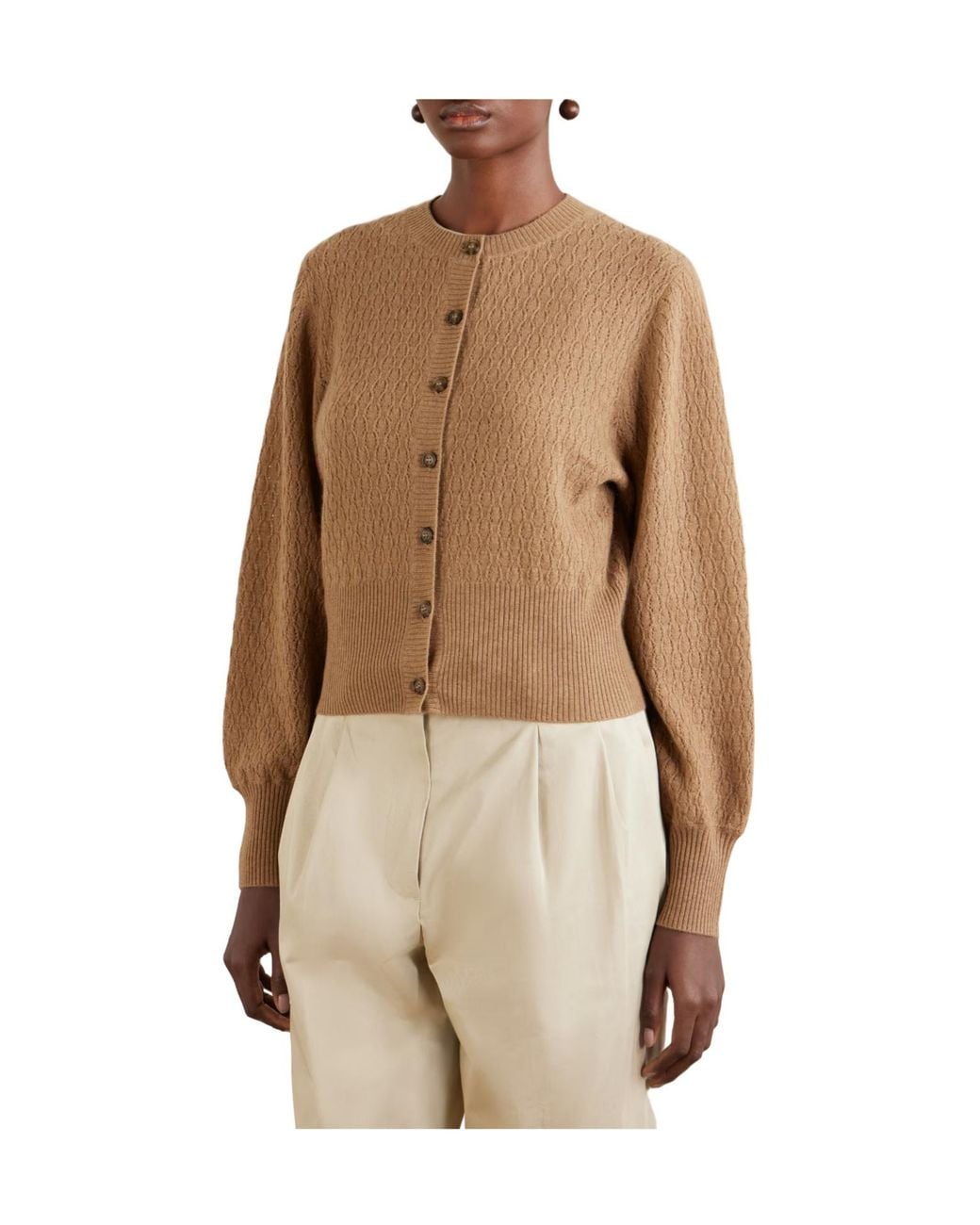 LeKasha Natural Pointelle Knit Cashmere Cardigan