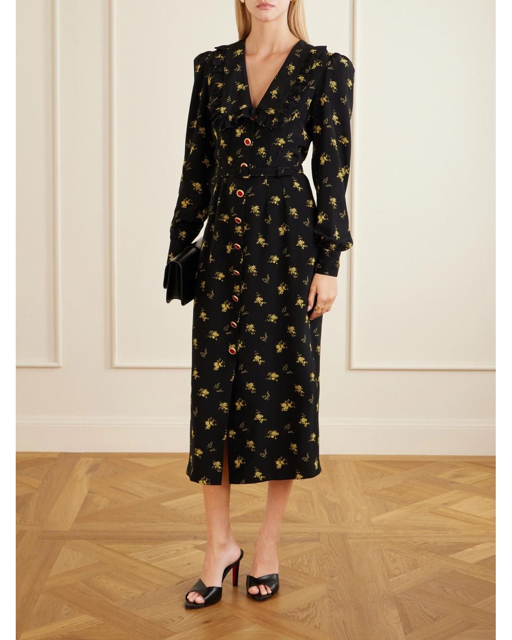 Alessandra Rich Black Belted Ruffled Floral-Print Silk-Crepe Midi Dress